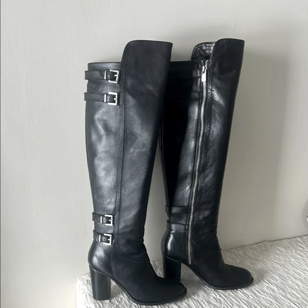 Adrienne Vittadini Black Leather Boots with Buckle Accents - Picture 2 of 15